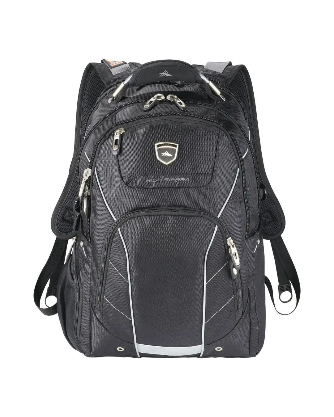 Black custom embroidered High Sierra Elite Fly-By 17-inch laptop backpack, front view — Brandevois
