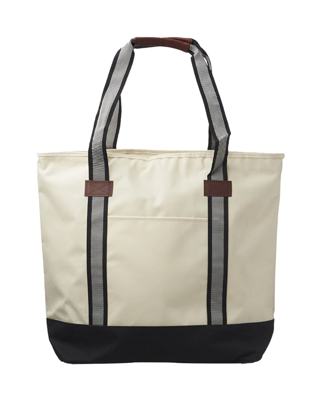Black custom polyester tote bag with top zipper closure, 20"x15.5", contrasting handles and base — Brandevois branded tote