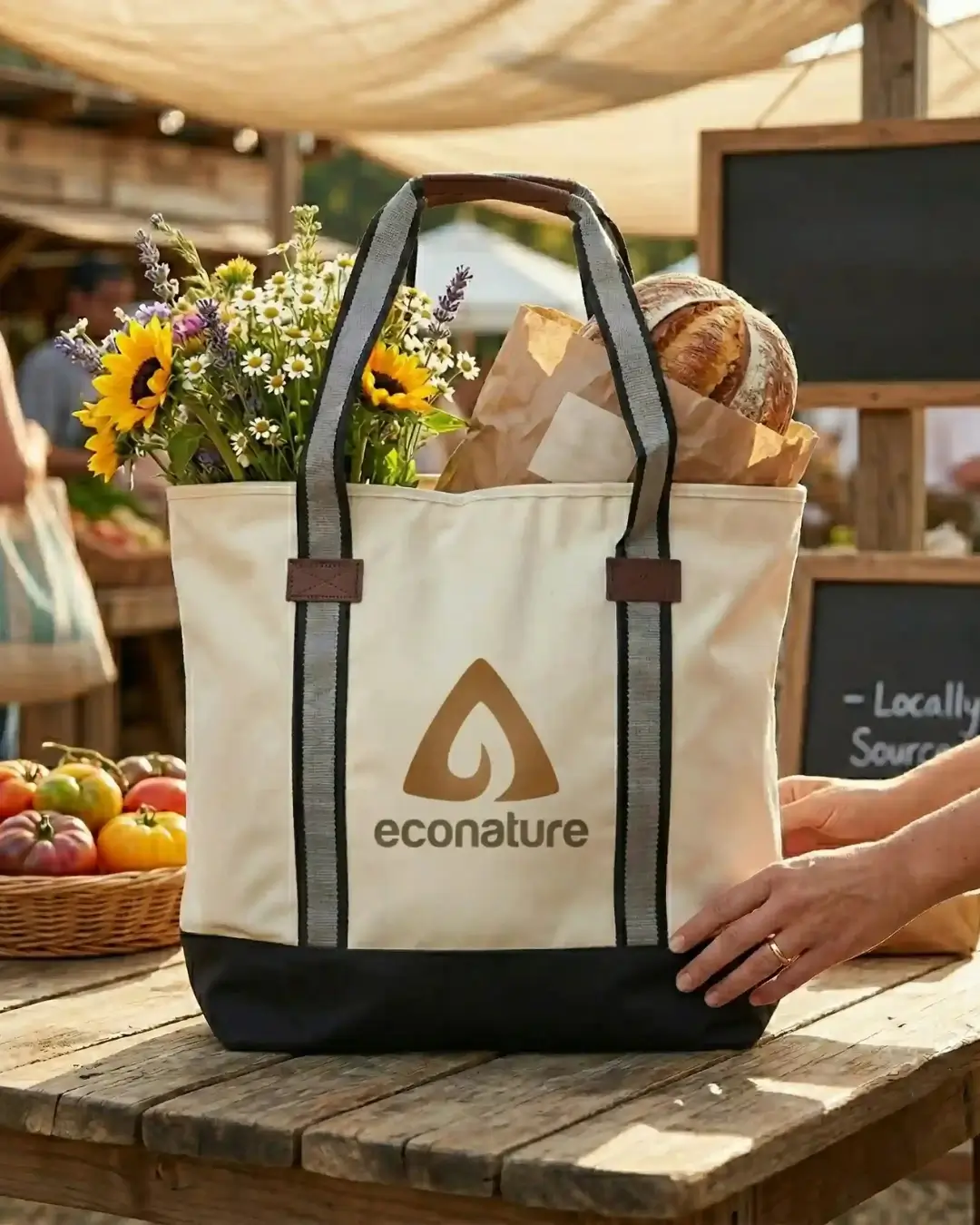 Custom tote bag with zipper printed with a sample logo, carried in everyday use