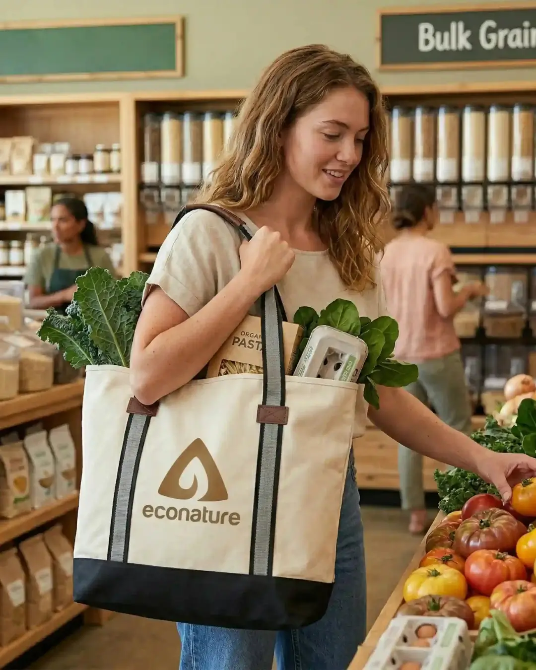 Custom zipper tote bag with a sample logo carried at an event