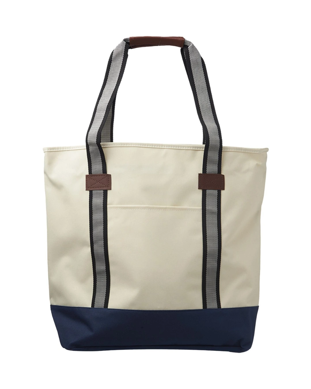 Custom tote bag with zipper in natural 600D polyester canvas with a Navy Blue contrast base, front view