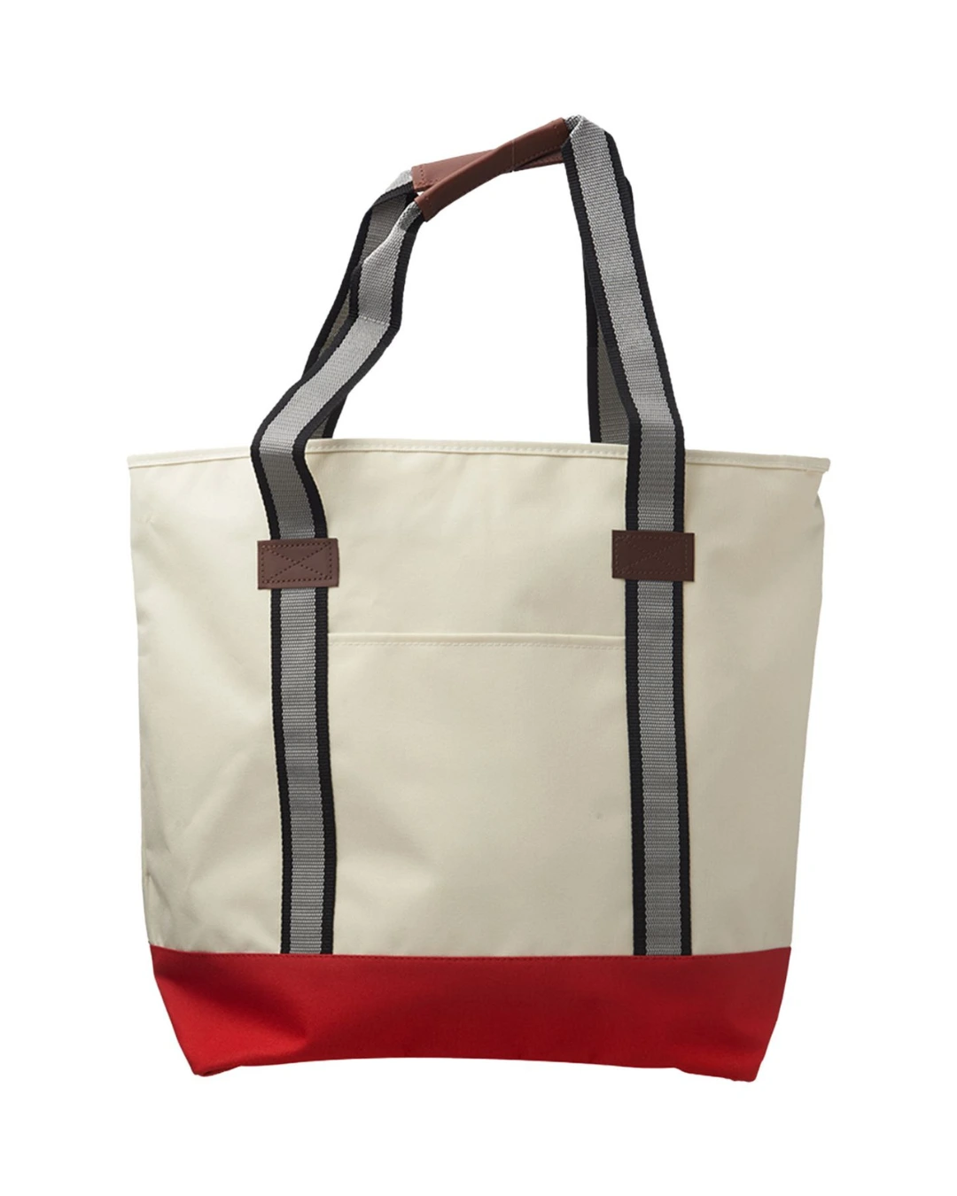 Custom tote bag with zipper in natural 600D polyester canvas with a Red contrast base, front view