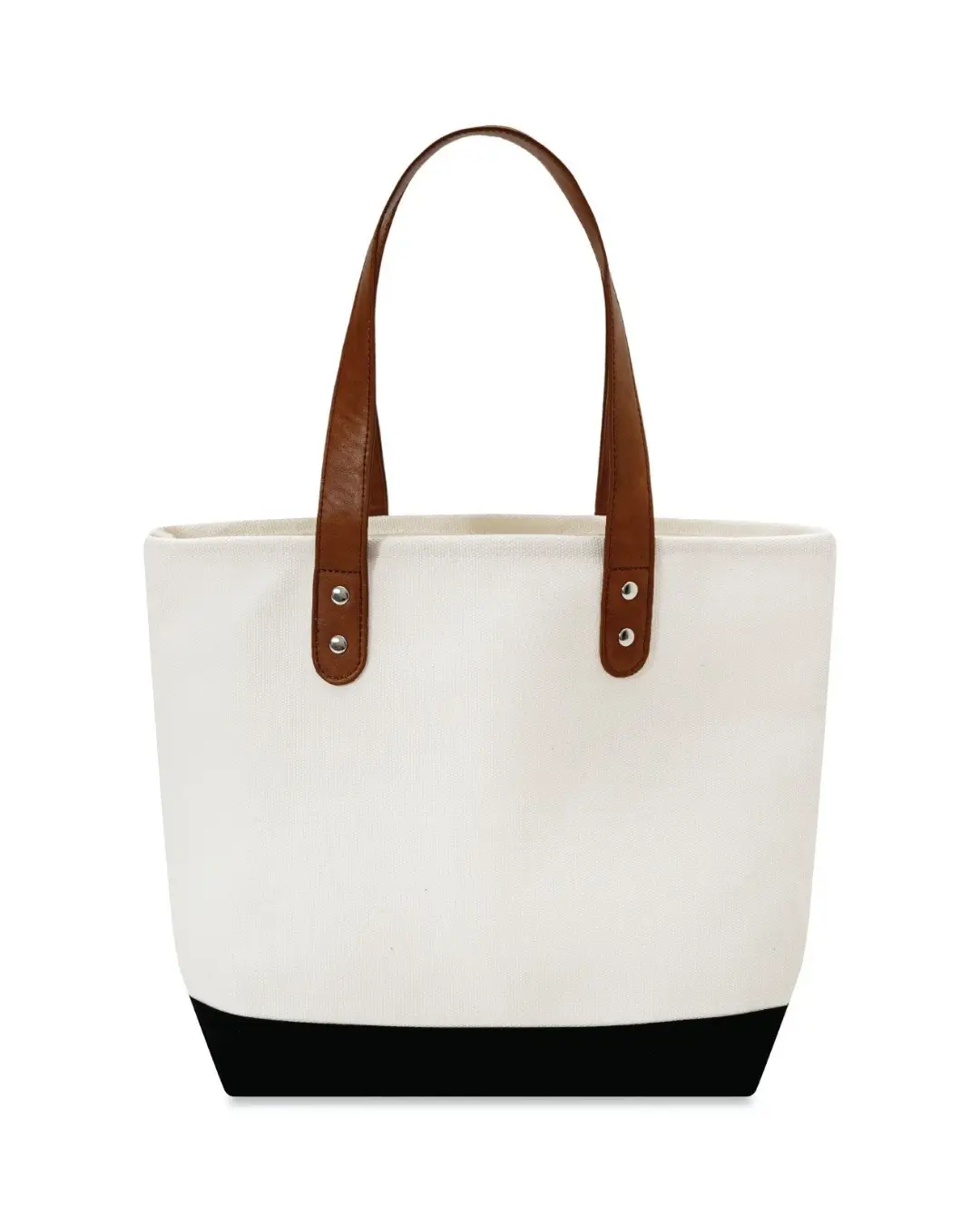 Custom canvas tote bag with vegan leather handles in Natural and Black — front view