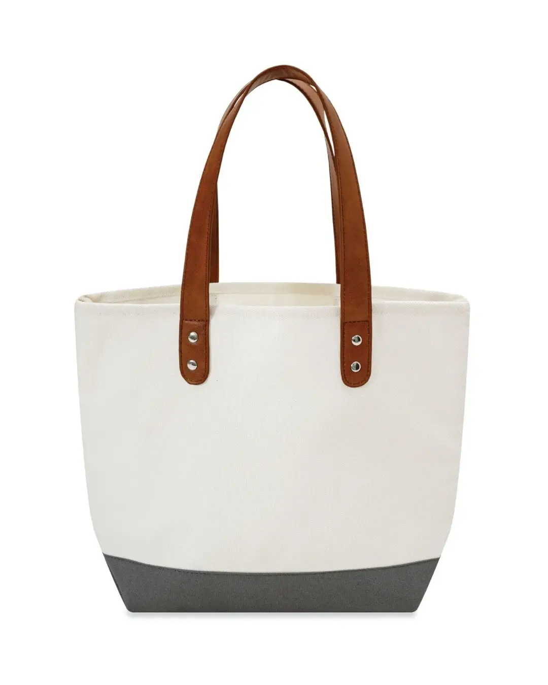 Custom canvas tote bag with vegan leather handles in Natural and Gray