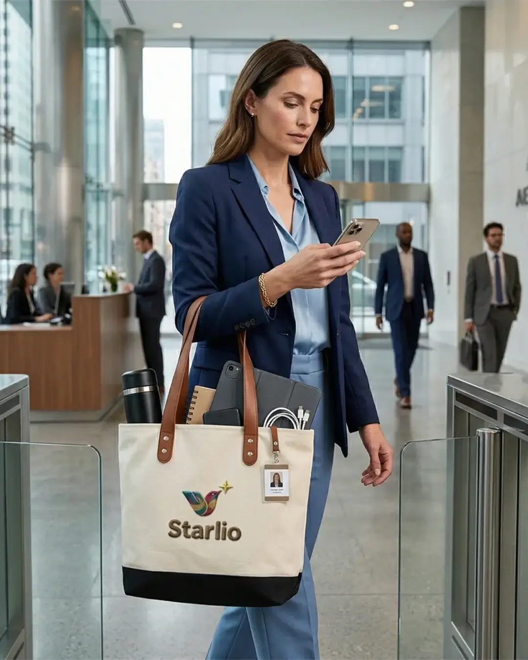 Personalized canvas tote with leather handles carried at trade show