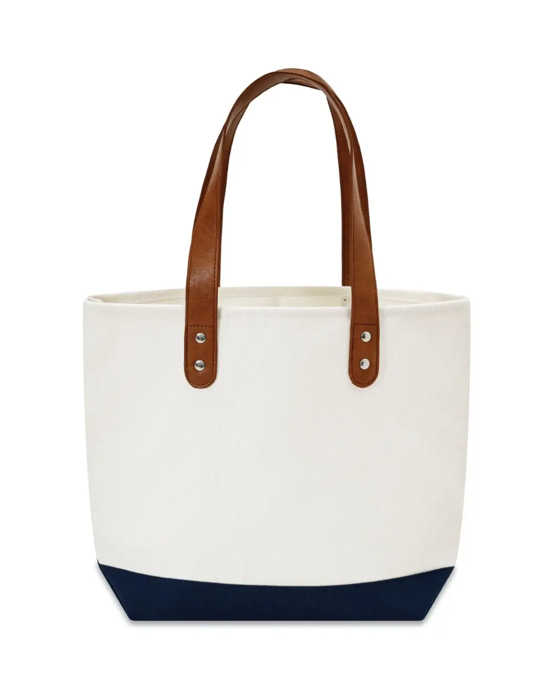 Custom canvas tote bag with vegan leather handles in Natural and Navy Blue