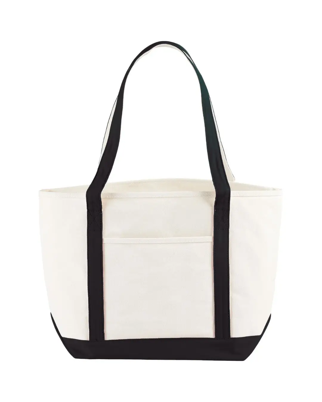Custom canvas tote bags in Natural / Black, 18 oz cotton boat tote with contrast handles and front pocket, front view