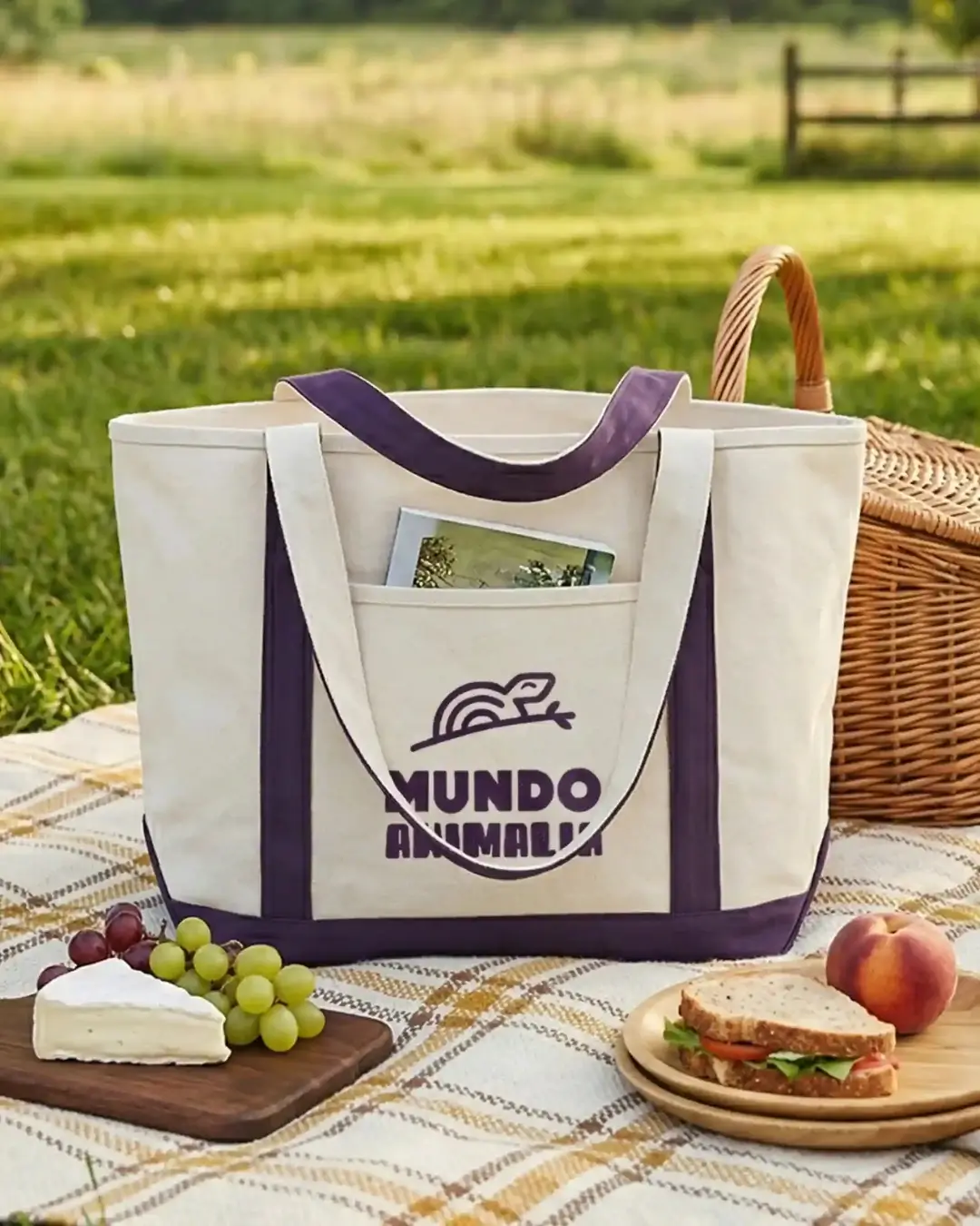 Custom canvas tote bags with a sample printed logo, lifestyle view