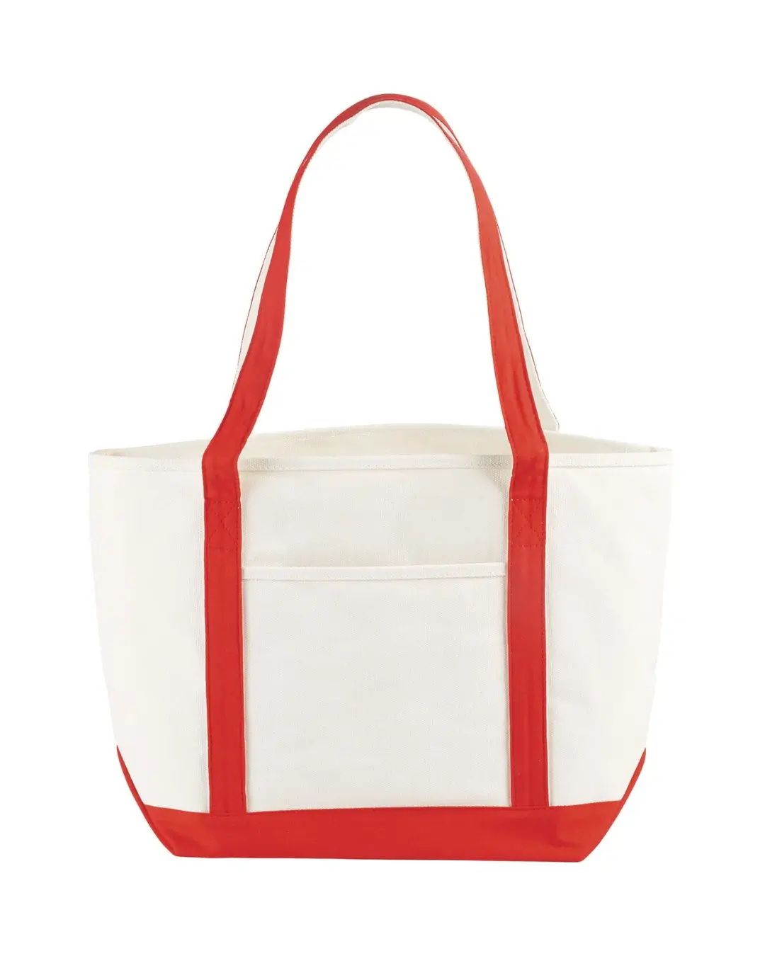 Custom canvas tote bags in Natural / Red, 18 oz cotton boat tote with contrast handles and front pocket, front view