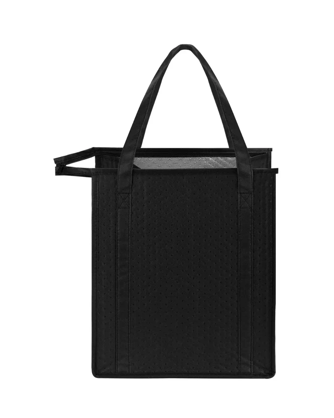 Custom insulated cooler tote bag in black with thermal foil lining for bulk promotional use