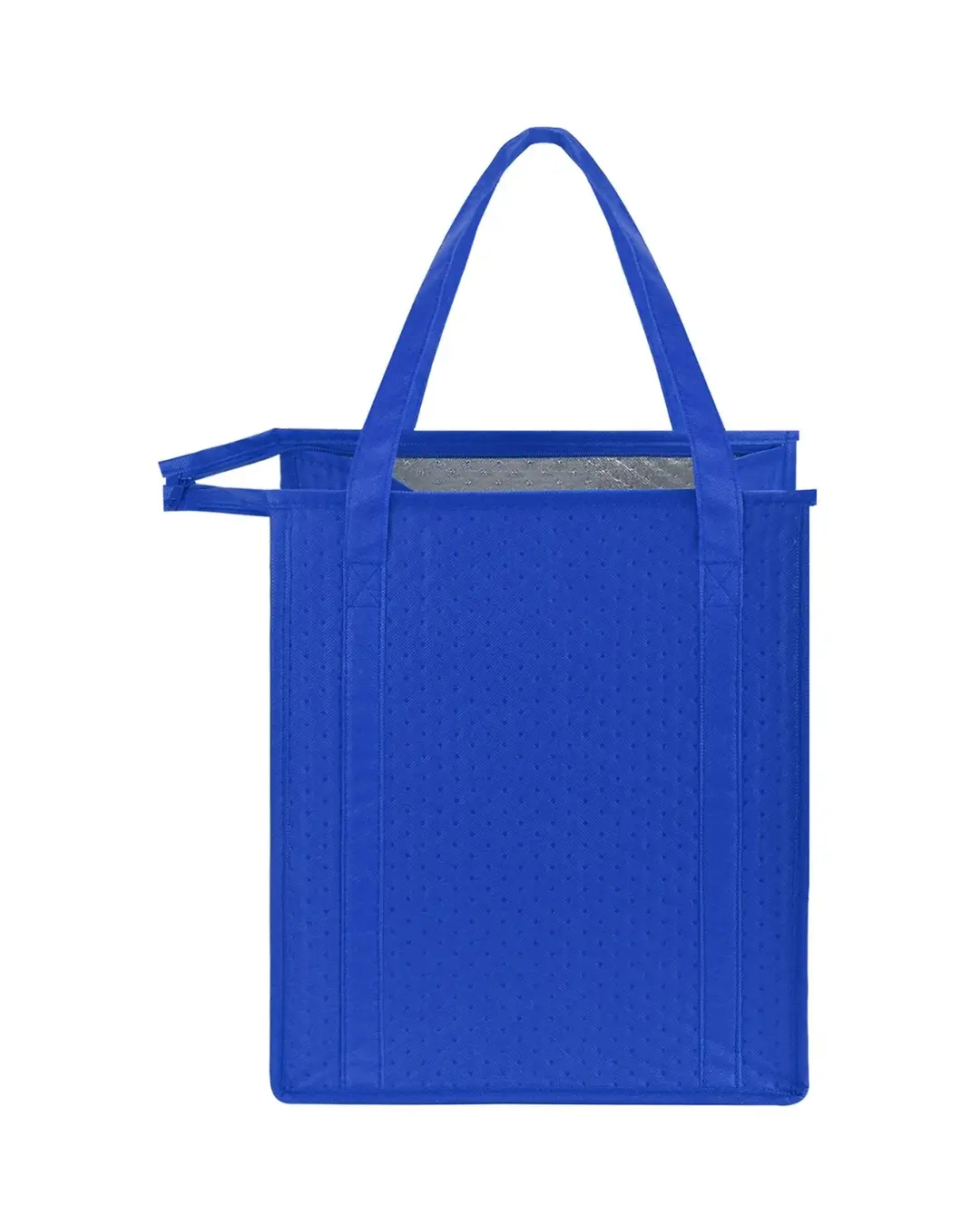 Custom insulated cooler tote bag in royal blue with dual 24-inch reinforced handles