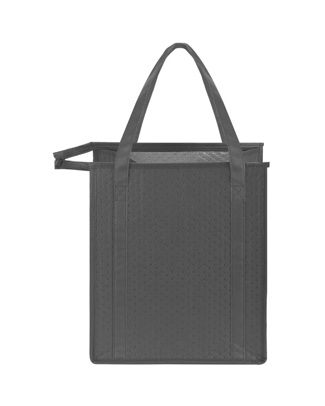 Custom insulated cooler tote bag in gray with zippered top and thermal liner