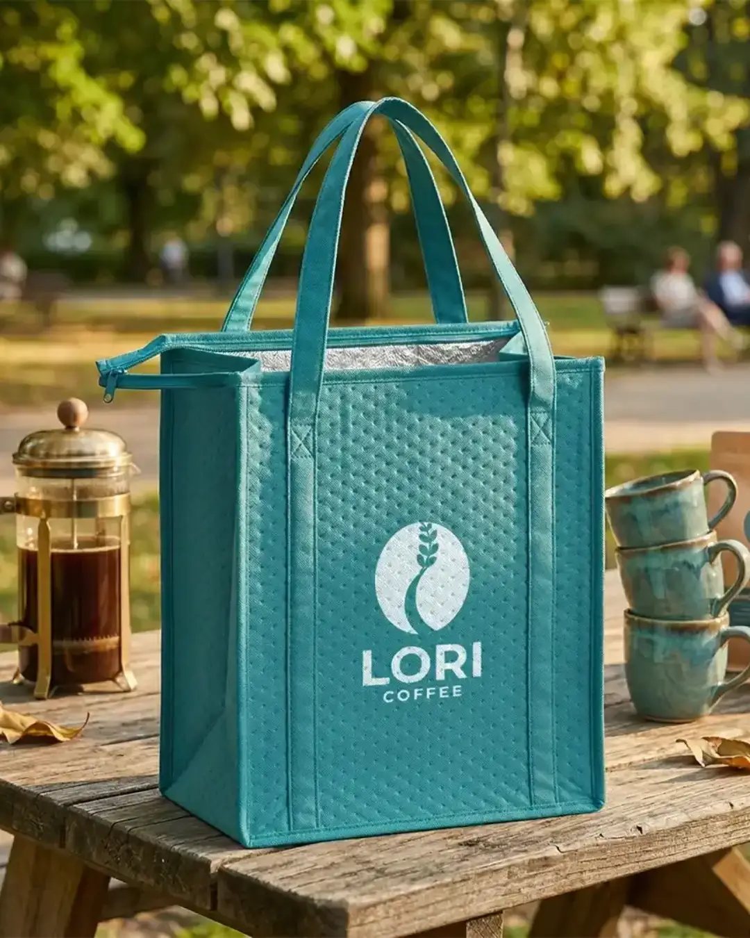 Branded insulated cooler tote bag lifestyle shot for picnic and outdoor use