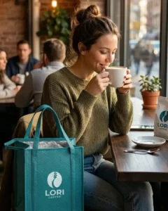 Promotional insulated cooler tote bag lifestyle shot for grocery and shopping use