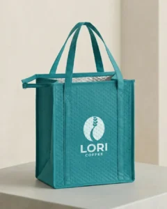 Custom insulated cooler tote bag mockup showing 6 by 8 inch imprint area on front panel