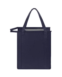 Custom insulated cooler tote bag in navy blue with thermal foil interior lining
