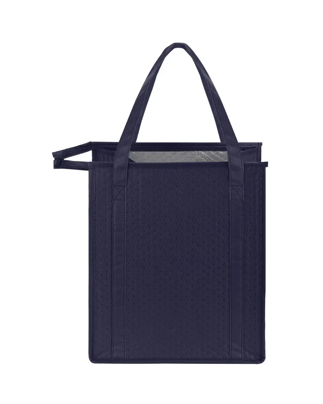 Custom insulated cooler tote bag in navy blue with thermal foil interior lining