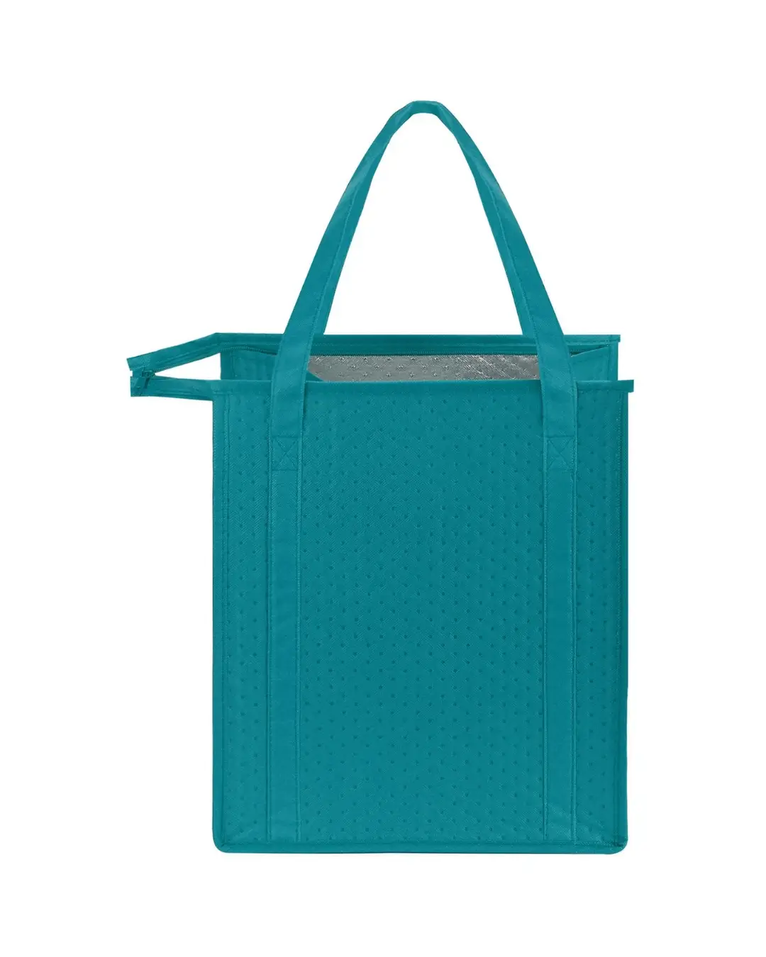 Custom insulated cooler tote bag in teal with reinforced handles and zippered top