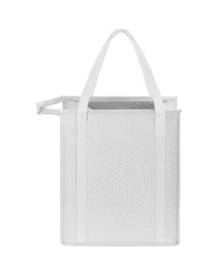 Custom insulated cooler tote bag in white with zippered top closure