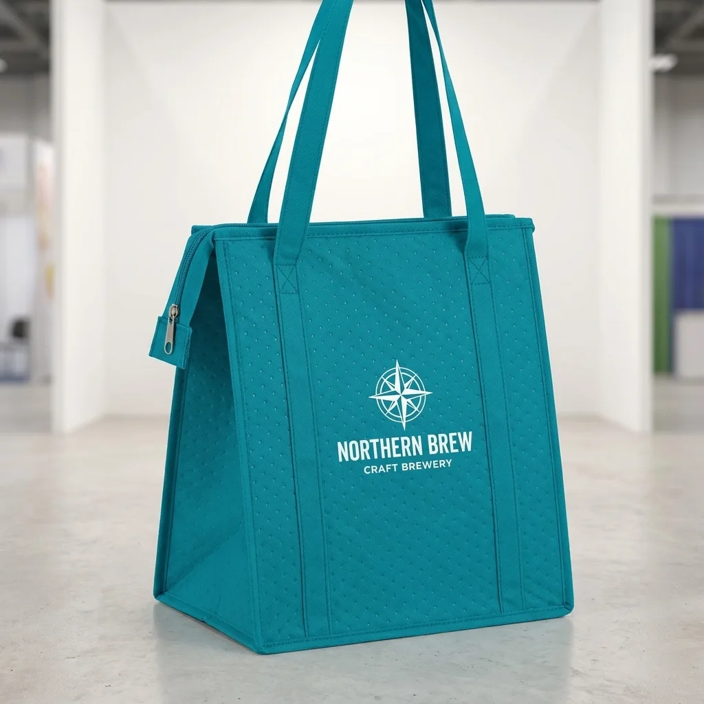 Custom cooler bag in Teal Blue at a trade show booth, screen printed with a one color brewery logo on the front panel