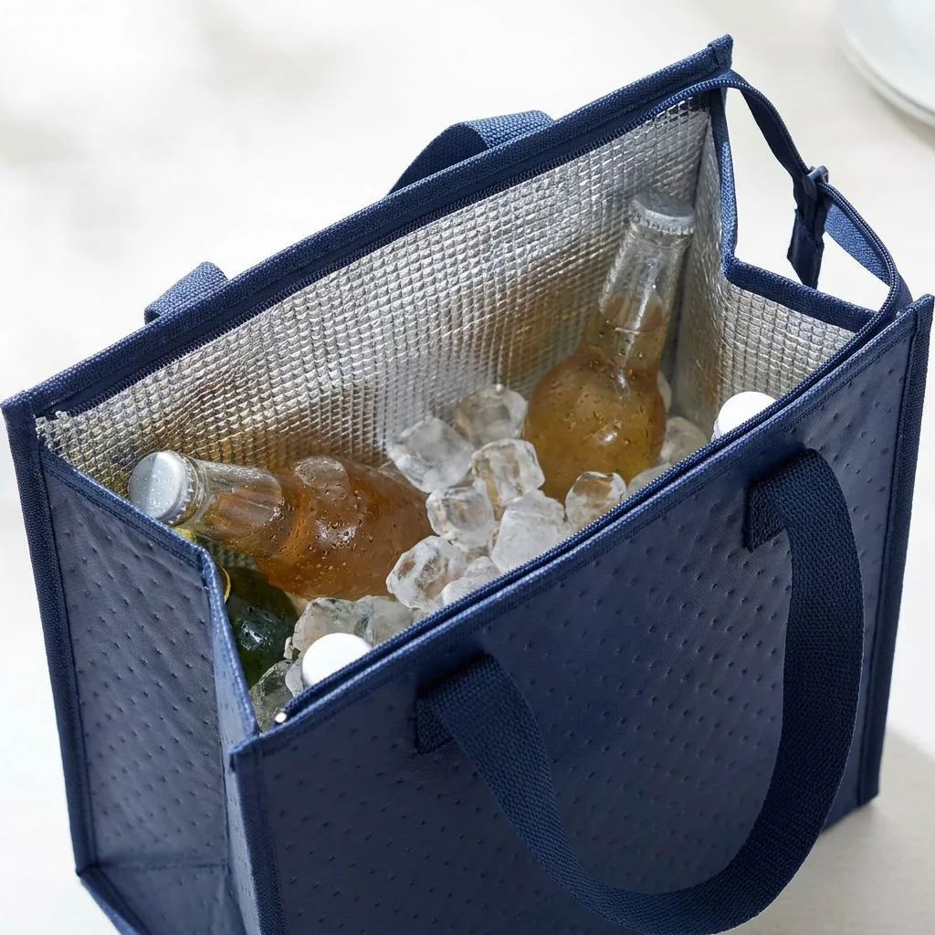 Custom cooler bag in Navy Blue unzipped from above, showing the silver thermal foil lining with iced bottles inside