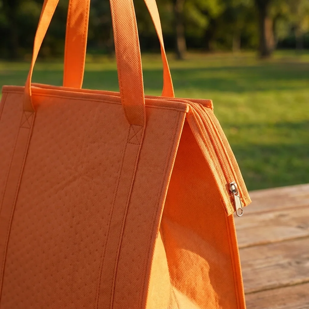 Custom cooler bag in Orange on a picnic table, zipped top with the pull at the side, tapered gusset and box-stitched reinforced handles