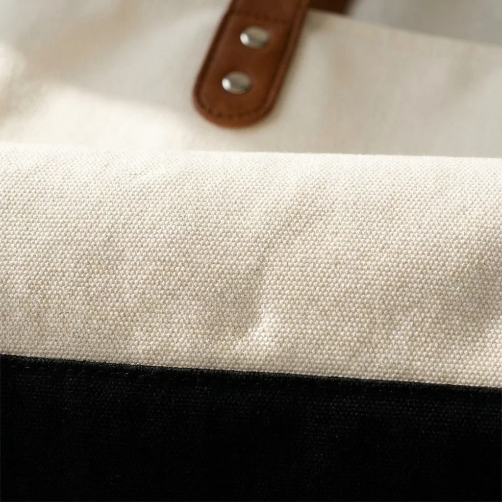 Close-up of the 18 oz cotton canvas weave on a custom tote bag with leather handles, black contrast base and riveted strap tab