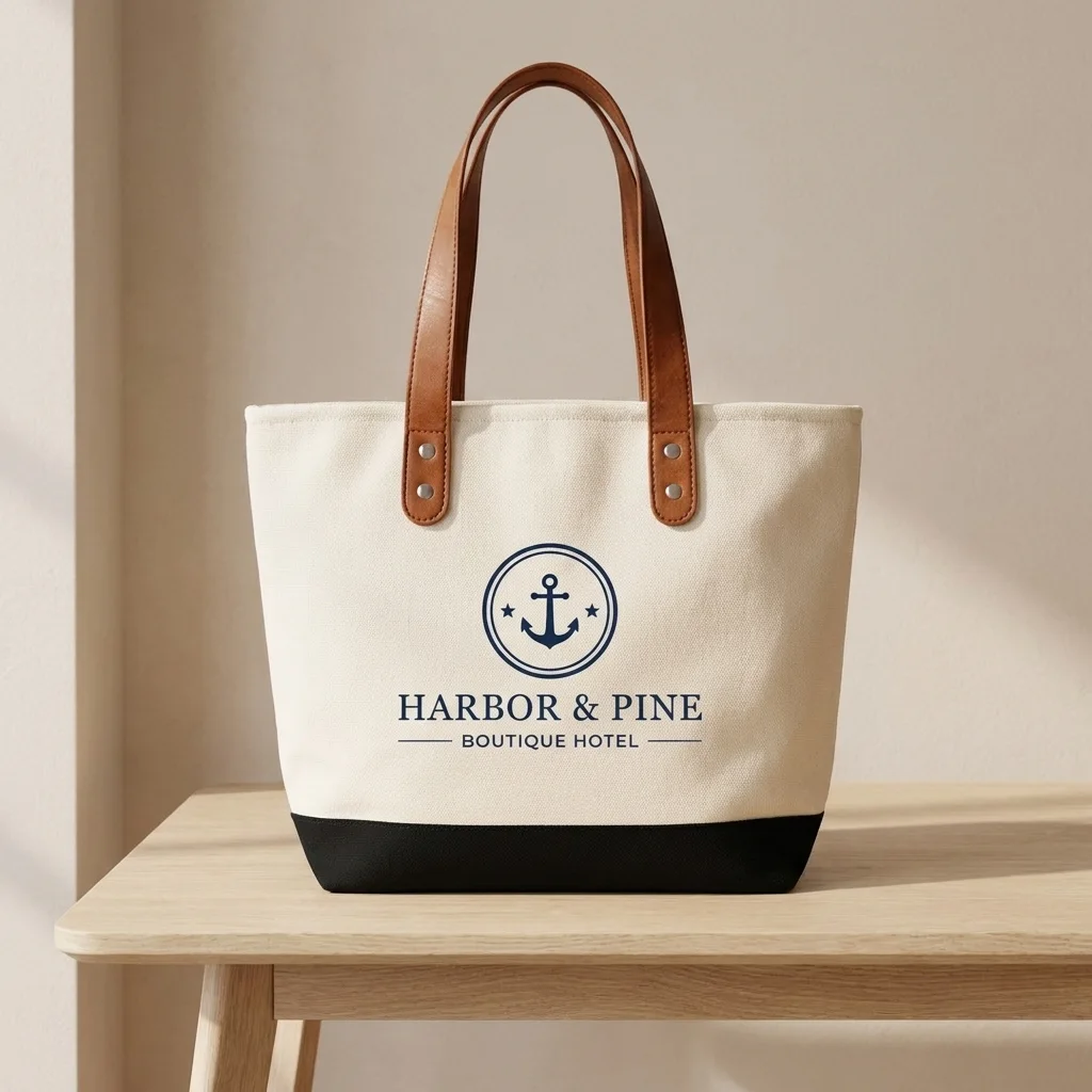 Custom canvas tote bag with leather handles screen printed with a one color hotel logo on the front panel