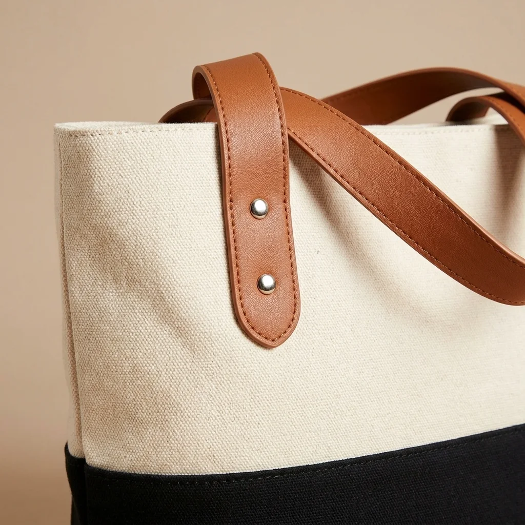 Vegan leather handle on a custom canvas tote bag, riveted with two metal rivets to the natural cotton canvas above the black base