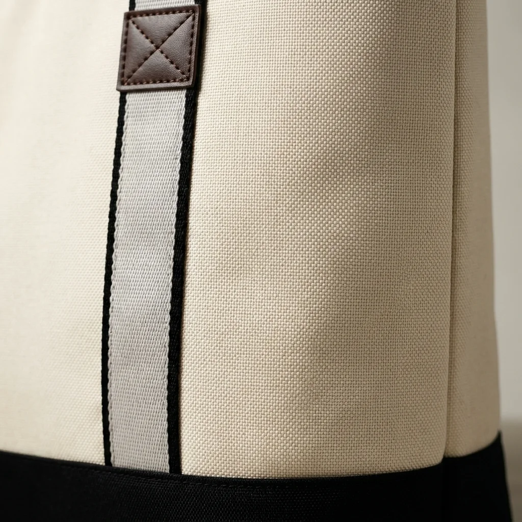 Close-up of the 600D polyester canvas weave on a custom tote bag with zipper, with the striped webbing handle, leather-look patch and black contrast base