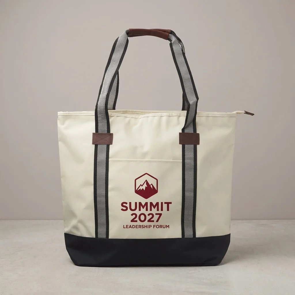 Custom tote bag with zipper screen printed with a one color conference logo between the handles on the front panel
