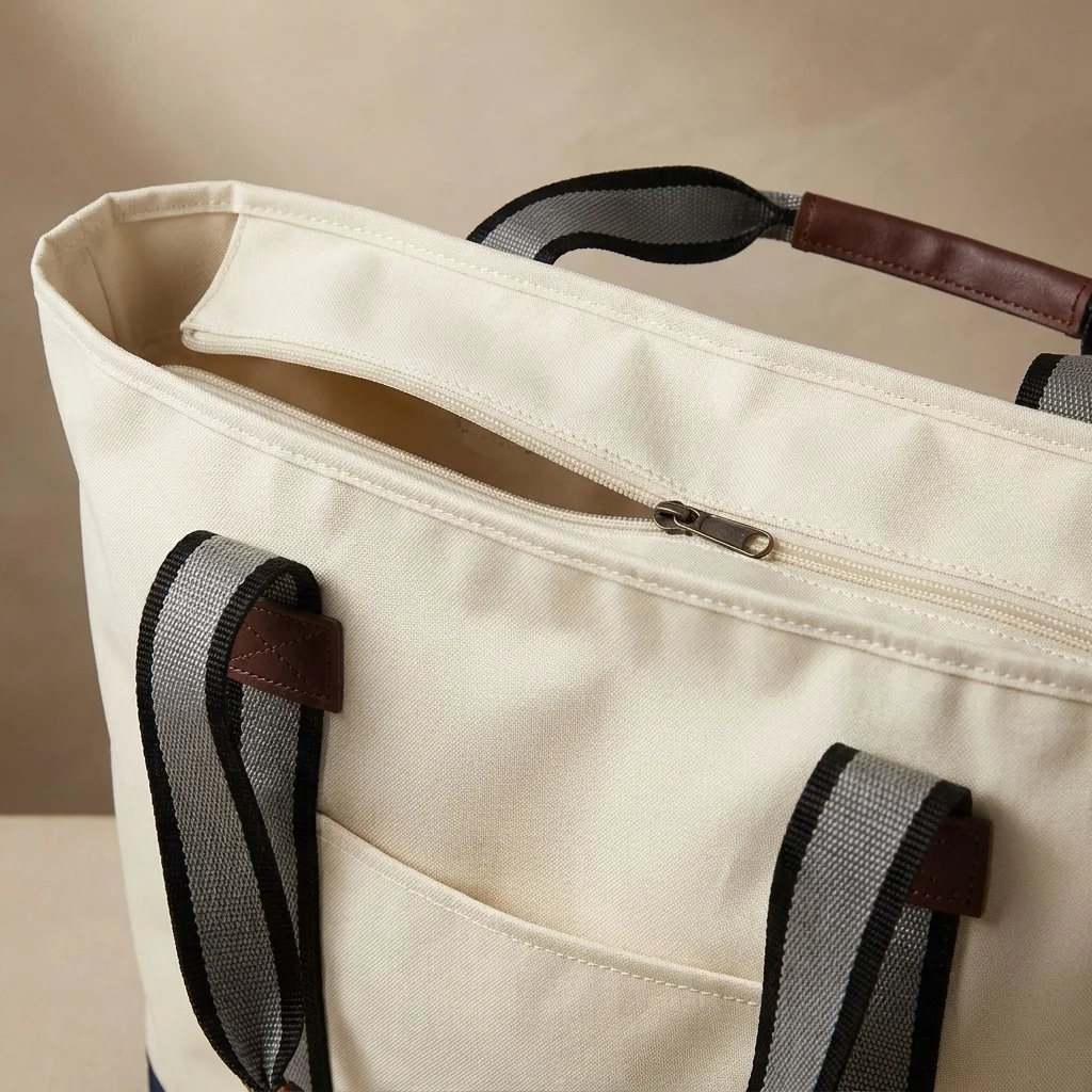 Top of a custom tote bag with zipper showing the full-width zip, two-tone webbing handles with leather-look grips and the open front pocket