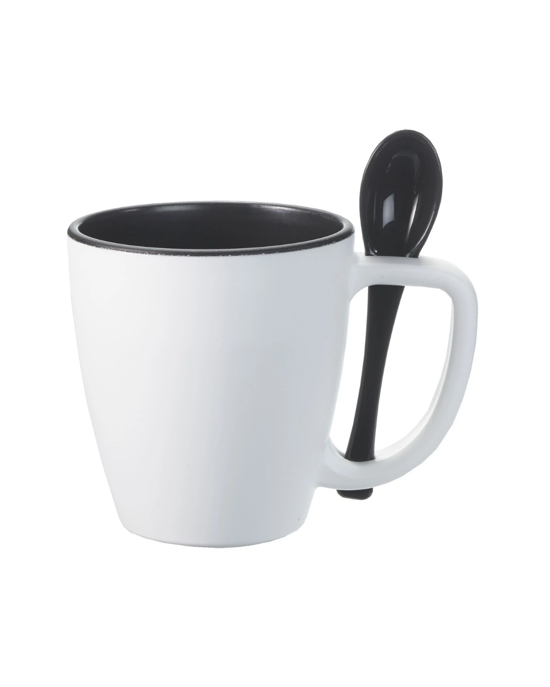 Custom insulated stir and sip mug with a color-matched spoon in the handle, white body — Brandevois