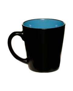 Custom latte mugs in glossy black with a sky blue interior, back view