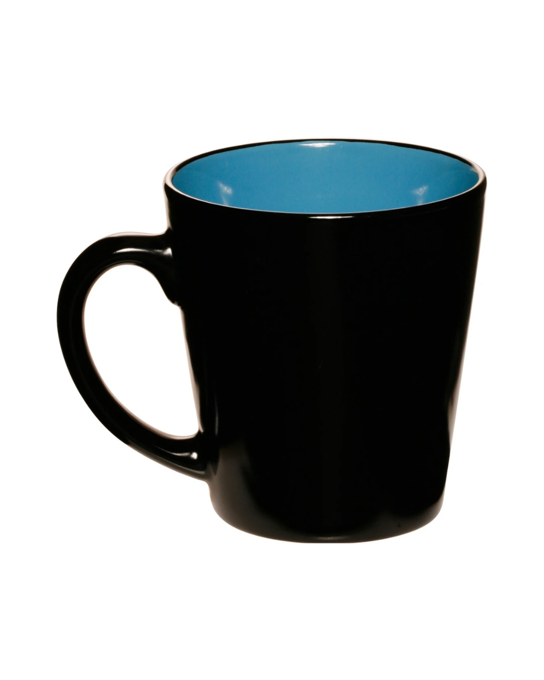Custom latte mugs in glossy black with a sky blue interior, back view
