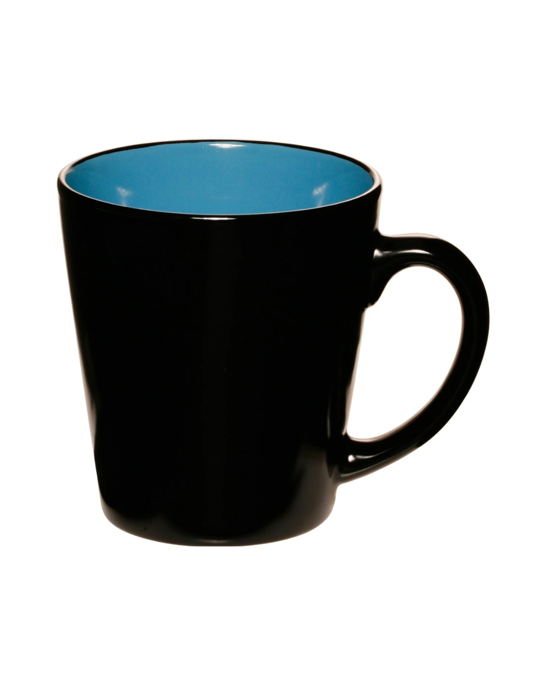 Custom latte mugs in glossy black with a sky blue interior, front view