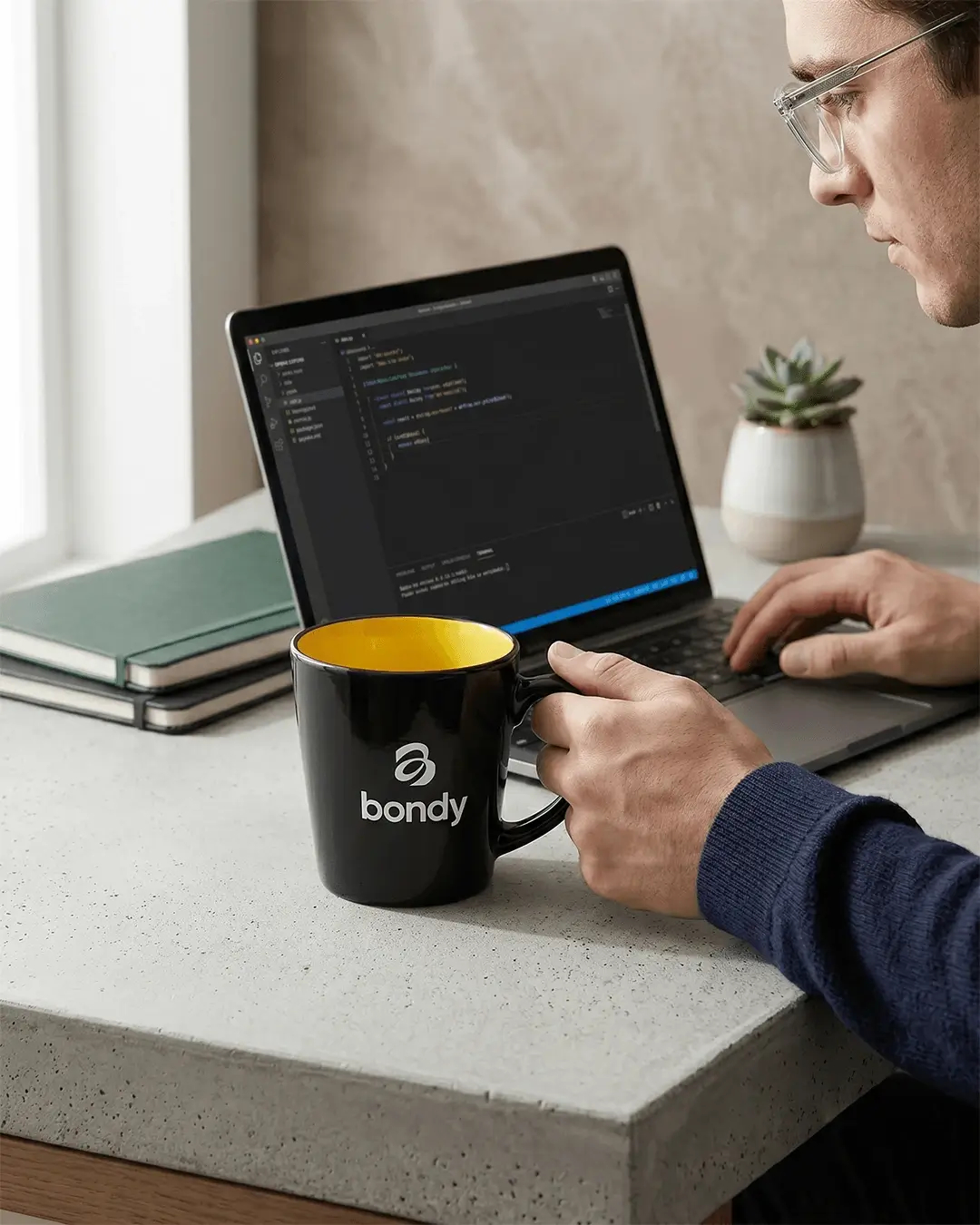 Custom latte mugs in glossy black, lifestyle scene