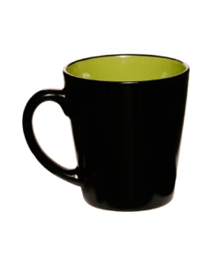 Custom latte mugs in glossy black with a lime green interior, back view
