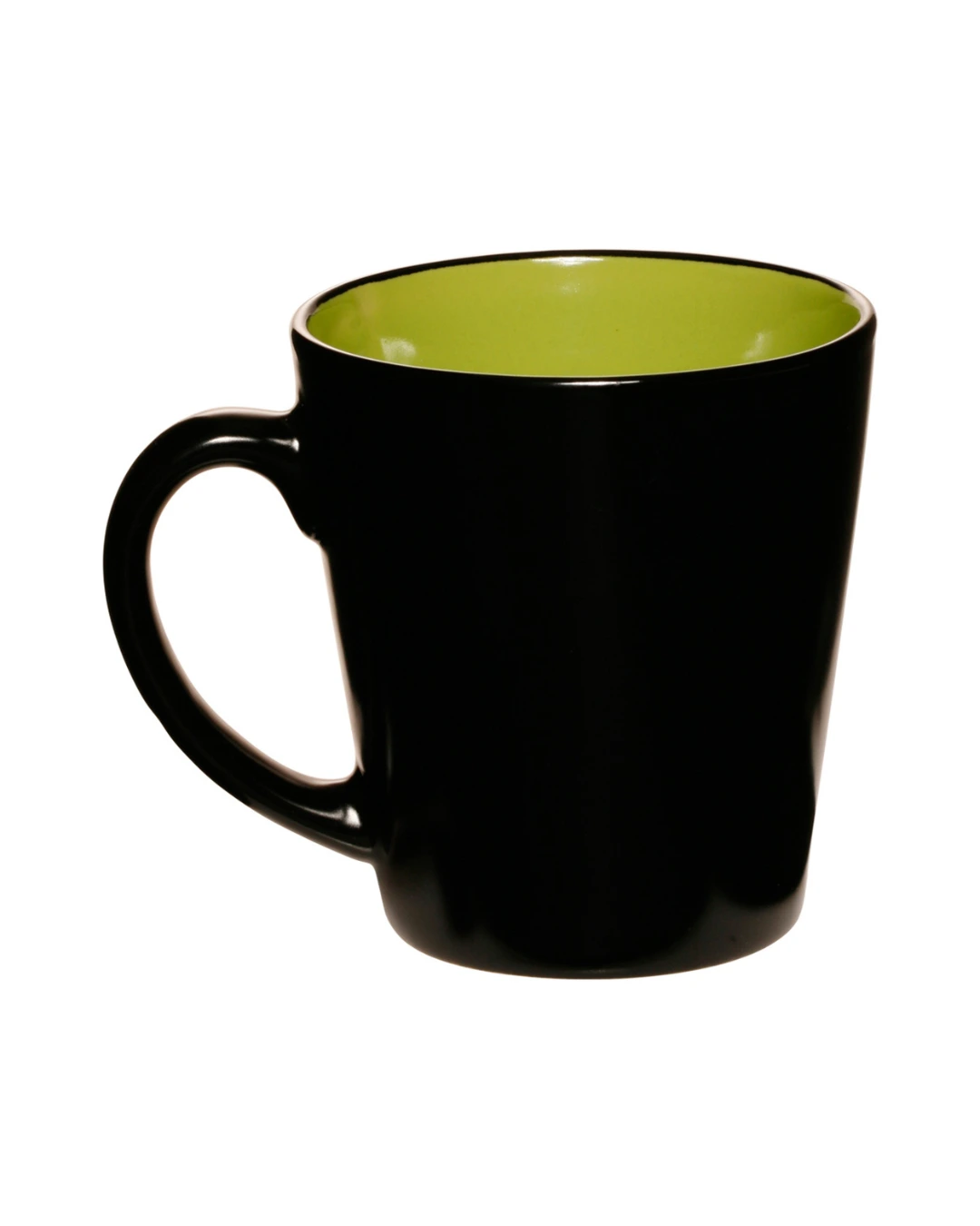 Custom latte mugs in glossy black with a lime green interior, back view