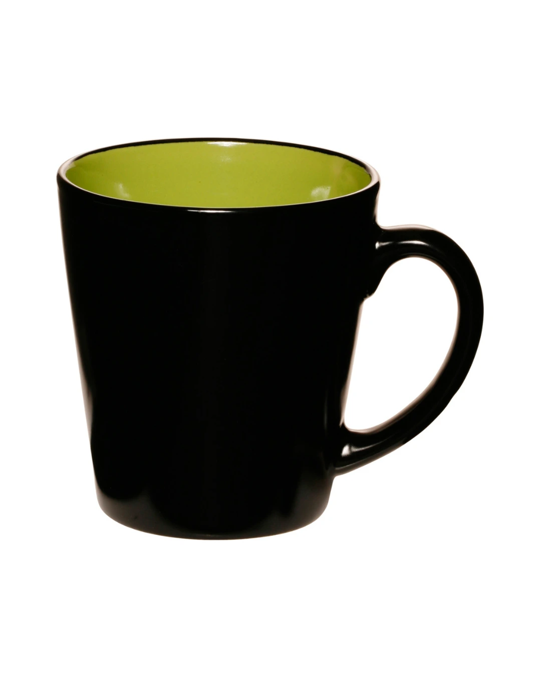 Custom latte mugs in glossy black with a lime green interior, front view