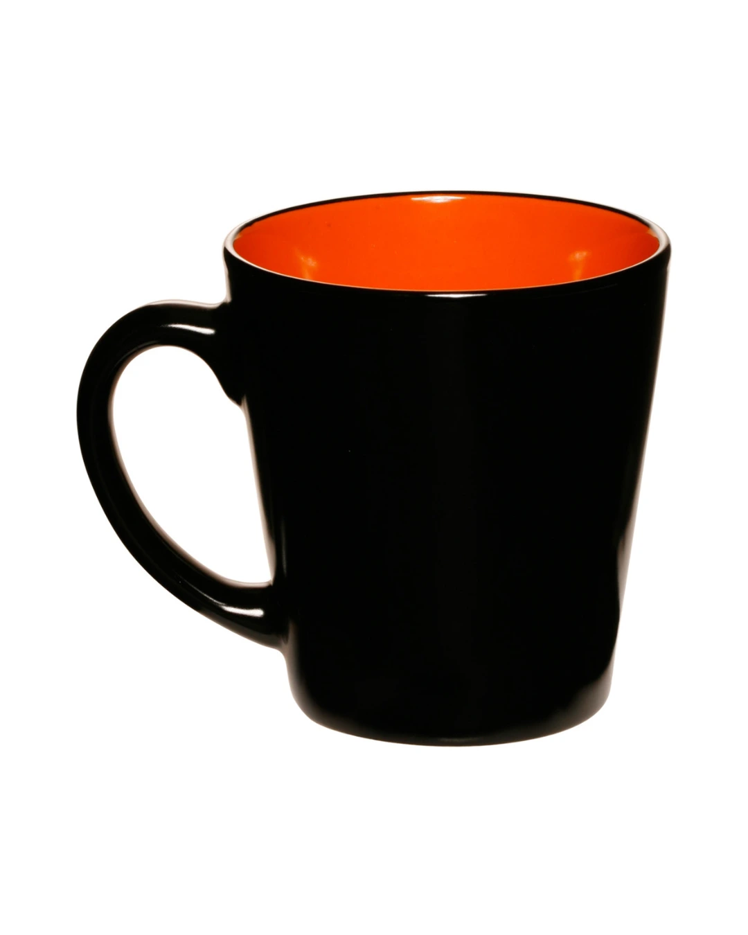 Custom latte mugs in glossy black with a orange interior, back view