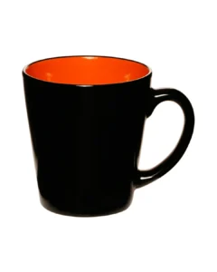Custom latte mugs in glossy black with a orange interior, front view