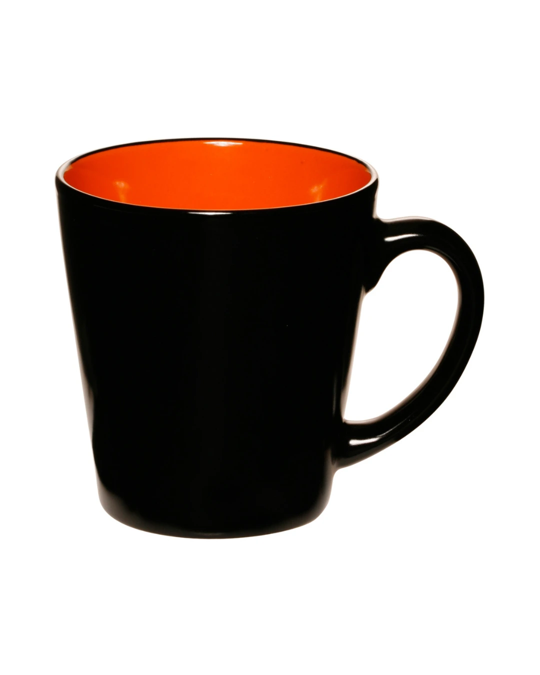 Custom latte mugs in glossy black with a orange interior, front view