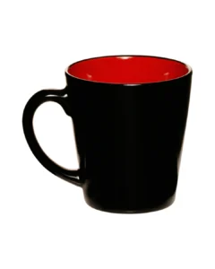 Custom latte mugs in glossy black with a red interior, back view