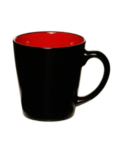 Custom latte mugs in glossy black with a red interior, front view