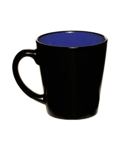 Custom latte mugs in glossy black with a royal blue interior, back view
