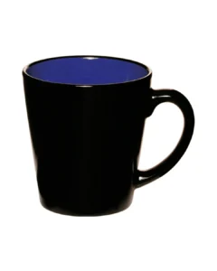 Custom latte mugs in glossy black with a royal blue interior, front view