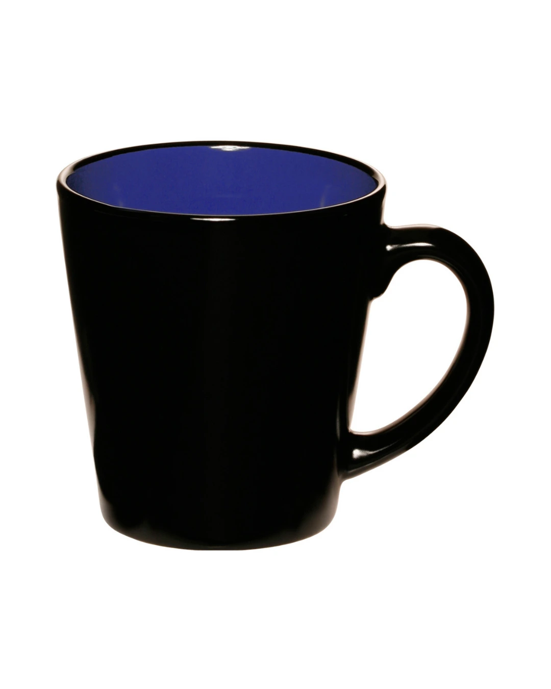 Custom latte mugs in glossy black with a royal blue interior, front view