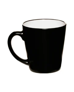 Custom latte mugs in glossy black with a white interior, back view
