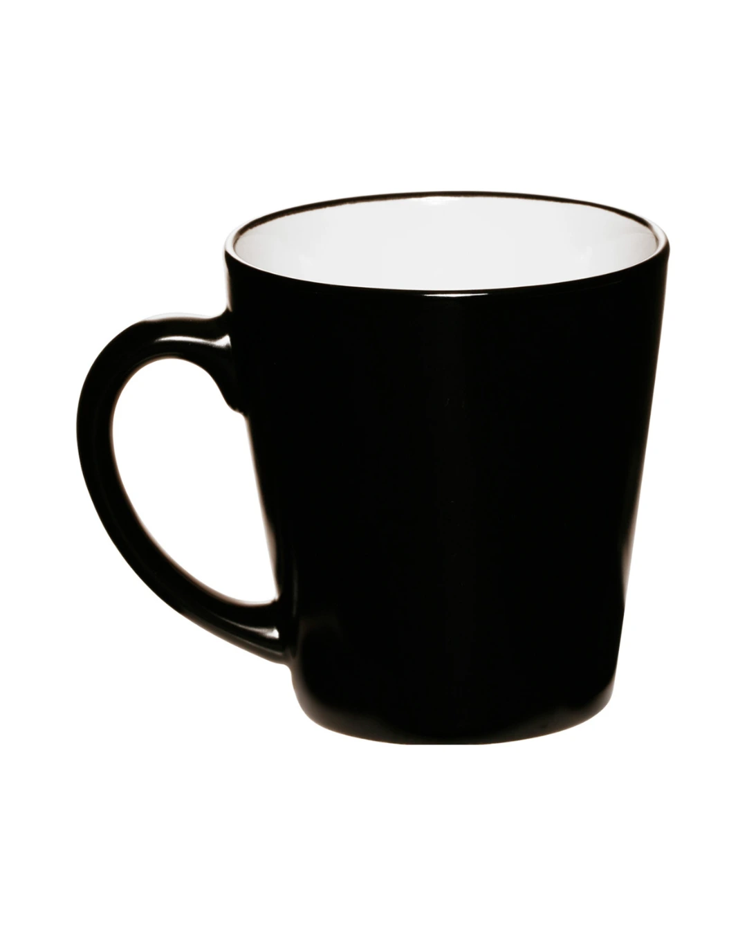 Custom latte mugs in glossy black with a white interior, back view
